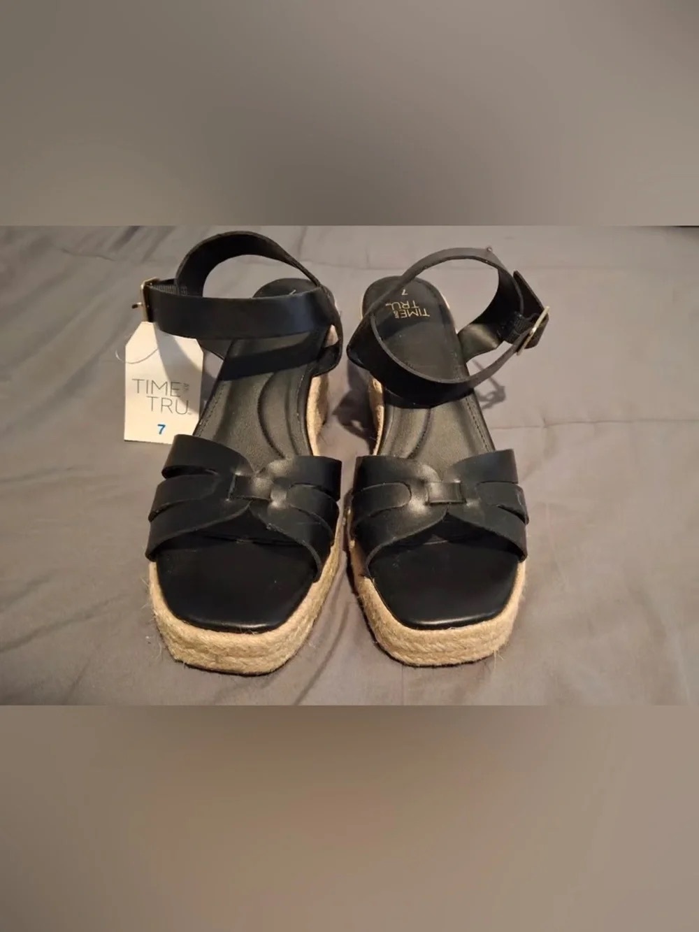 Time and Tru Black Espadrille Platform Sandals with Ankle Strap - Women's